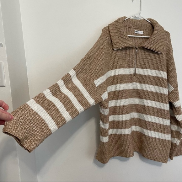 SONOMA Plus Size Quarter Zip Tunic Sweater Tan Brown White Striped 1/4 Zip Fall - Picture 8 of 15